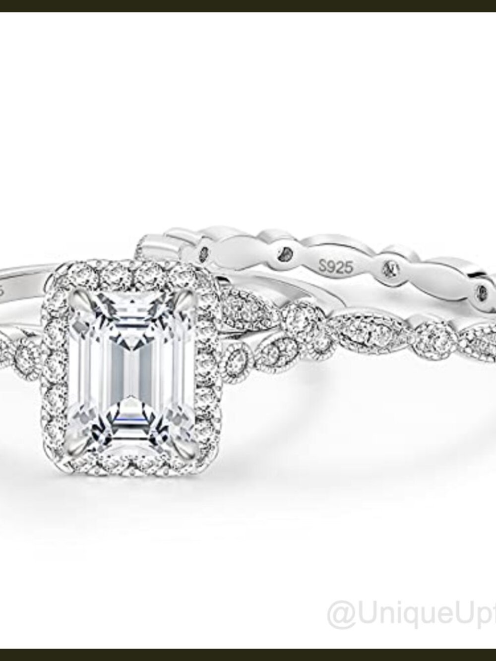 925 Sterling Silver Emerald Cut CZ Wedding Ring Set Halo Bridal
